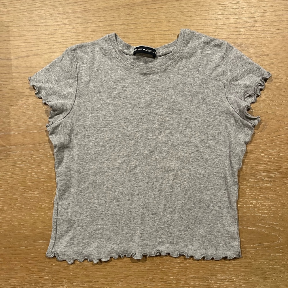 Brandy Melville Gray Lettuce Edge Short Sleeve Ribbed Cotton Crop Top